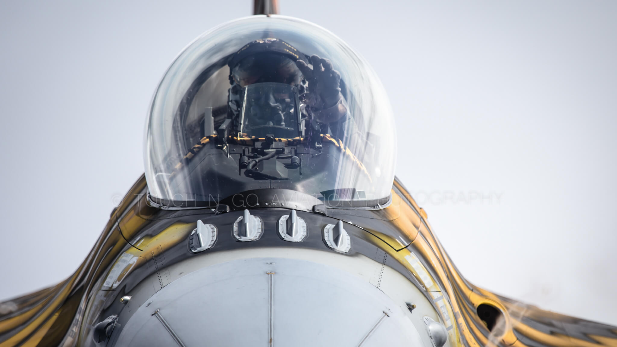 Close up shot of Belgian Air Force pilot in his F-16, air to air shoot, Belgium.
