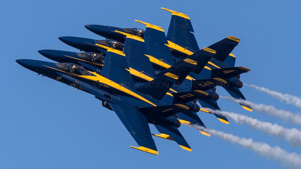 Blue Angels performing in formation for Bay Area Fleet Week.