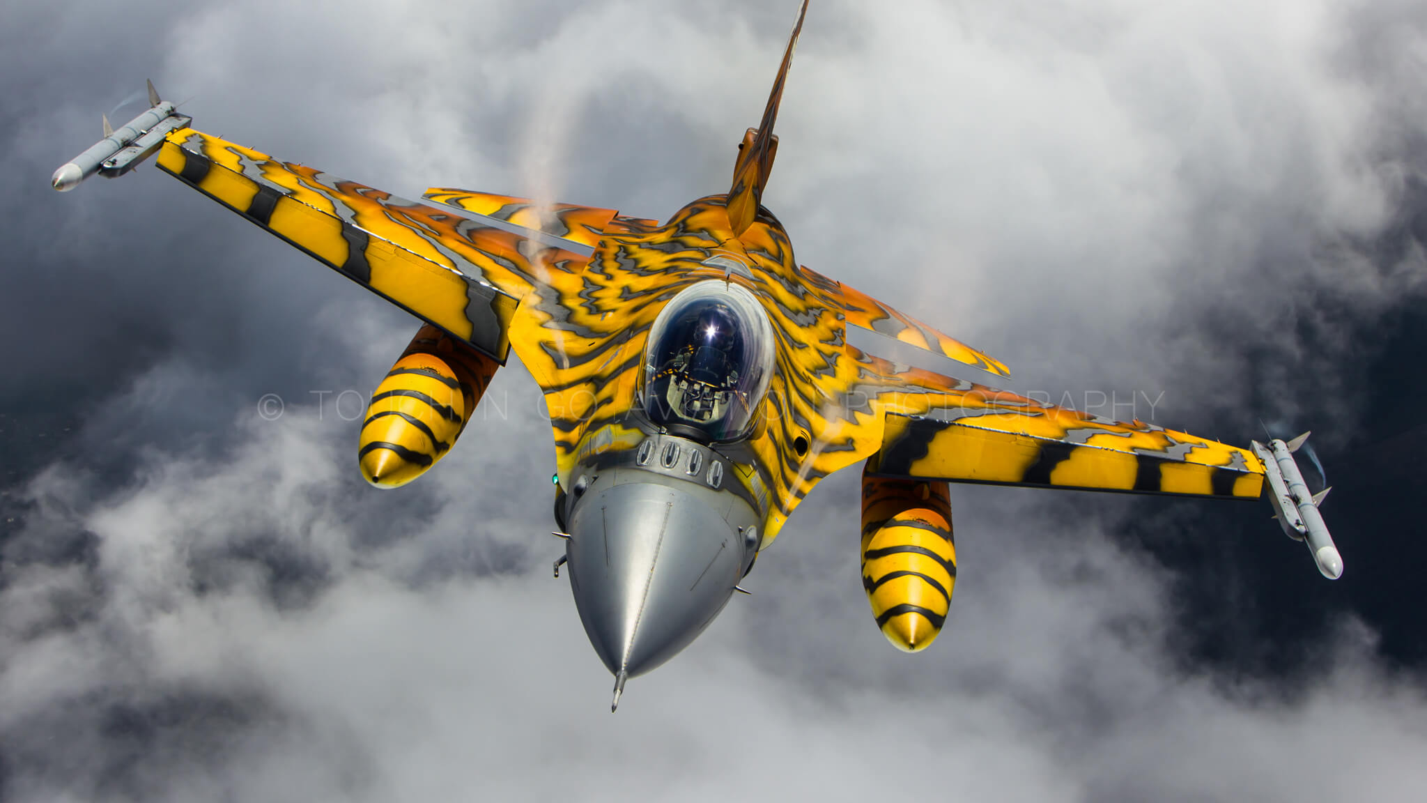 Air to air shot of Belgium Airforce F-16.