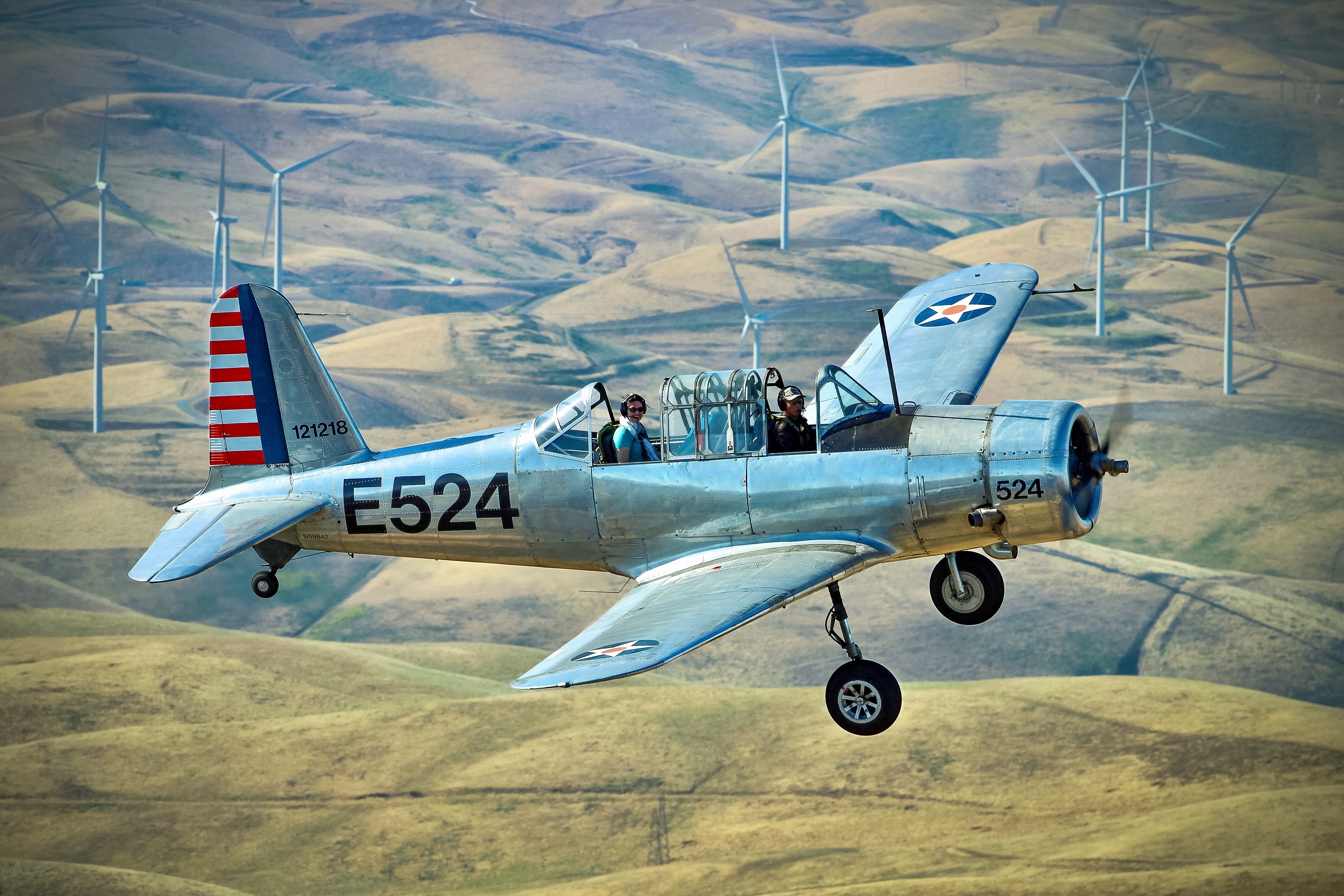 Aerial shot of Alex & Tia in the BT-13 flying over Livermore, California.