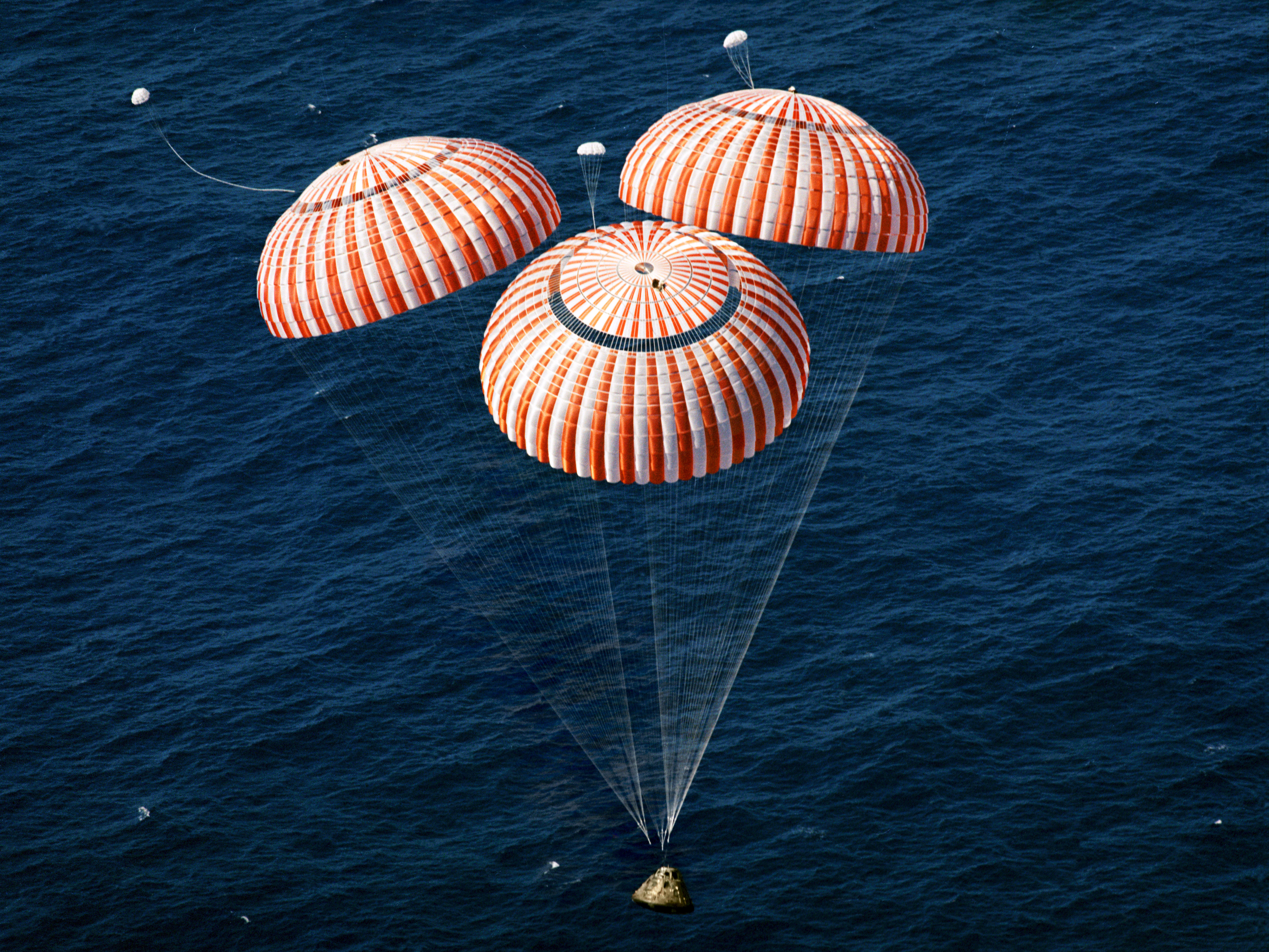 Apollo 16 Command Module approaching touchdown in the Pacific Ocean
